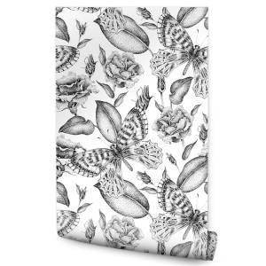 Papier Peint FEUILLES Roses Papillons Noir - Blanc - Papier - Textile - 53 x 1000 x 1000 cm