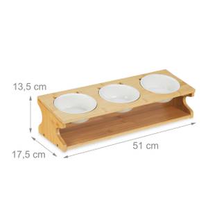 Support 3 gamelles pour chat Marron - Blanc - Bambou - Céramique - 51 x 14 x 18 cm