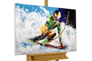Tableau peint à la main Ride in the Snow Bleu - Blanc - Bois massif - Textile - 90 x 60 x 4 cm