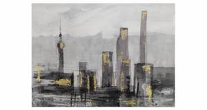 Tableau peint à la main Big City Love Noir - Gris - Bois massif - Textile - 100 x 70 x 4 cm