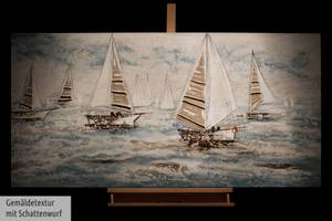 Tableau peint à la main Sailboat Racing Bleu - Blanc - Bois massif - Textile - 140 x 70 x 4 cm