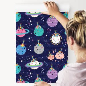 Tapete für Kinder PLANETEN Blumen Sterne Blau - Grau - Violett - Weiß - Papier - Textil - 53 x 1000 x 1000 cm