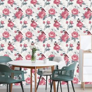 Papier Peint Feuilles Fleurs Oiseaux Marron - Gris - Rose foncé - Papier - Textile - 53 x 1000 x 1000 cm