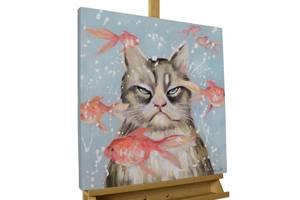 Tableau peint à la main Very Crabby Cat Bleu - Bois massif - Textile - 60 x 60 x 4 cm