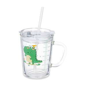 2x verres pour enfant motif de dinosaure Beige - Vert - Verre - Matière plastique - 13 x 12 x 10 cm