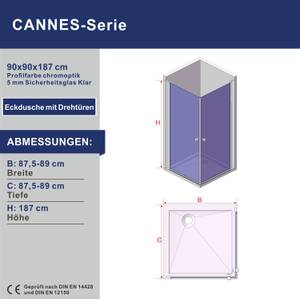 Duschabtrennung Eckeinstieg 180° Drehtür Silber - Glas - 90 x 187 x 90 cm