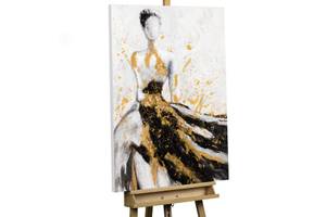 Acrylbild handgemalt Tanz der Königin Schwarz - Weiß - Gelb - Massivholz - Textil - 70 x 100 x 4 cm