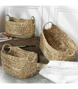 Lot de 3 Paniers en Jacinthe d'eau Beige - Bois massif - 27 x 27 x 46 cm