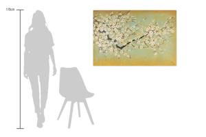 Tableau peint Cerisier en fleurs Blanc - Jaune - Bois massif - Textile - 120 x 80 x 4 cm