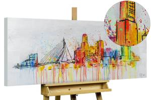 Bild gemalt Rotterdam Skyline Silhouette Grau - Massivholz - Textil - 120 x 60 x 4 cm