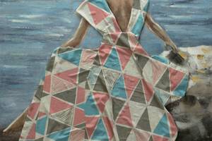 Bild handgemalt Die Schöne und das Meer Blau - Massivholz - Textil - 75 x 100 x 4 cm