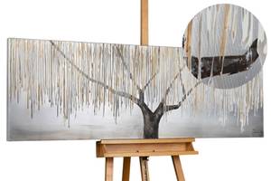 Bild handgemalt Trauerweide im Nebel Beige - Massivholz - Textil - 150 x 50 x 4 cm