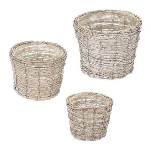 Runder Blumentopf im 3er Set Braun - Weiß - Metall - Kunststoff - Rattan - 25 x 20 x 25 cm