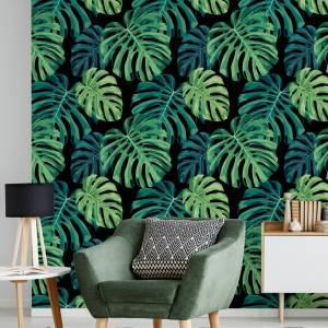 Papier Peint feuilles de monstera nature Noir - Vert - Papier - 53 x 1000 x 1000 cm