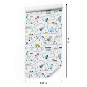 Papier Peint pour enfants véhicules rue Noir - Bleu - Gris - Vert - Rouge - Blanc - Papier - 53 x 1000 x 1000 cm