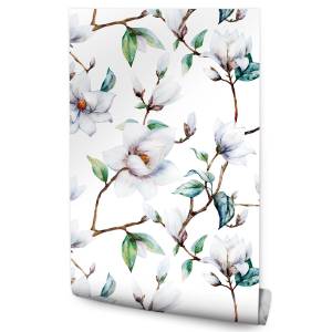 Papier Peint Brindilles FLEURS Magnolia Marron - Vert - Blanc - Papier - Textile - 53 x 1000 x 1000 cm