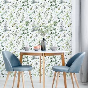 Papier Peint PLANTES Feuilles Nature Vert - Blanc - Papier - Textile - 53 x 1000 x 1000 cm