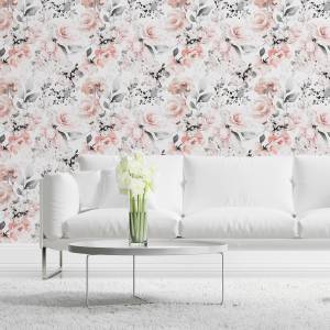 Papier Peint ROSES Feuilles Aquarelle Beige - Gris - Rose foncé - Blanc - Papier - Textile - 53 x 1000 x 1000 cm