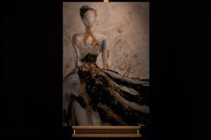 Tableau peint Dance of the Queen Noir - Blanc - Jaune - Bois massif - Textile - 70 x 100 x 4 cm