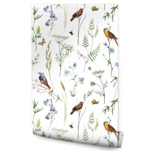 Papier Peint fleurs feuilles oiseaux Noir - Bleu - Marron - Vert - Orange - Rouge - Blanc - Papier - 53 x 1000 x 1000 cm