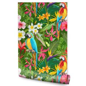 Papier Peint FLEURS Tropicale Perroquets Beige - Bleu - Vert - Rouge - Papier - Textile - 53 x 1000 x 1000 cm