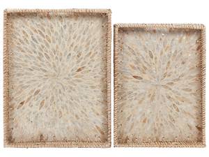 Tablett NDEBELE 2-tlg Beige - Blau - Grau - Silber - Rattan - 38 x 6 x 28 cm