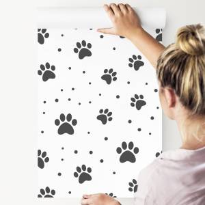 TAPETE Graue PFÖTCHEN Hunde Punkte Dekor Grau - Weiß - Papier - 53 x 1000 x 1000 cm
