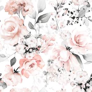 Papier Peint ROSES Feuilles Aquarelle Beige - Gris - Rose foncé - Blanc - Papier - Textile - 53 x 1000 x 1000 cm