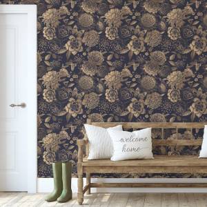 Papier Peint FLEURS Papillons Vintage Beige - Bleu - Marron - Gris - Papier - Textile - 53 x 1000 x 1000 cm