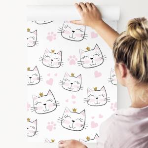 Papier Peint pour enfants chats cœurs Noir - Marron - Orange - Blanc - Papier - 53 x 1000 x 1000 cm