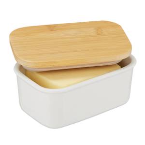 Boîte à beurre en bambou et céramique Marron - Blanc - Bambou - Céramique - 16 x 8 x 11 cm