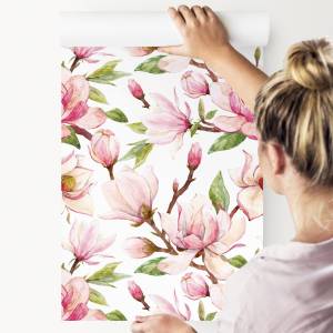 Papier Peint FLEURS Magnolias Nature Marron - Vert - Rose foncé - Blanc - Papier - Textile - 53 x 1000 x 1000 cm