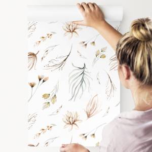 Tapete PFLANZEN Blumen Blätter Aquarell Beige - Braun - Grau - Grün - Weiß - Papier - Textil - 53 x 1000 x 1000 cm