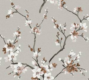 Papier peint Barrière de fleurs Gris Marron - Gris - Blanc