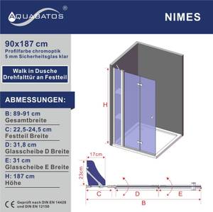 Walk in Glas Duschwand mit Drehfalttür Breite: 90 cm