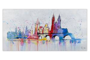 Tableau peint Prague Skyline Silhouette Gris - Bois massif - Textile - En partie en bois massif - 120 x 60 x 4 cm