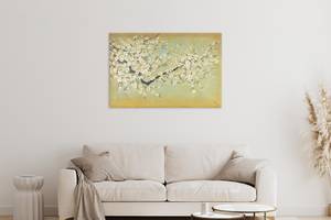 Acrylbild handgemalt Kirschblüten Weiß - Gelb - Massivholz - Textil - 120 x 80 x 4 cm