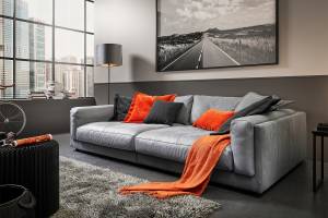 Grand canapé RAINA Gris - Cuir véritable - Textile