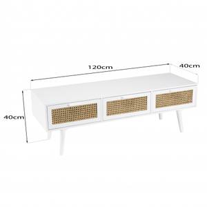 Meuble TV blanc 3 tiroirs cannage Blanc - En partie en bois massif - 40 x 40 x 120 cm