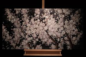 Tableau peint à la main Pearls in Bloom Blanc - Bois massif - Textile - 120 x 60 x 4 cm