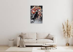 Tableau peint à la main Tender Flower Noir - Rose foncé - Bois massif - Textile - 60 x 90 x 4 cm