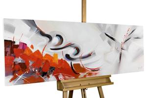 Tableau peint à la main Warm Elegance Gris - Rouge - Bois massif - Textile - 150 x 50 x 4 cm