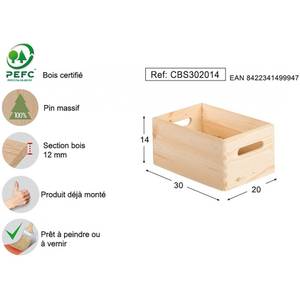 Caisse en bois brut de rangement (30 x 20 x 6 cm)