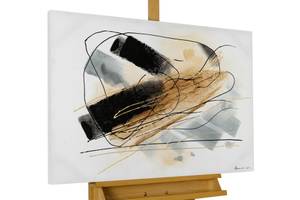 Tableau peint à la main Tepid Breath Noir - Doré - Bois massif - Textile - 100 x 75 x 4 cm