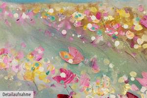 Tableau peint à la main Herbaceous Poppy Bleu - Rose foncé - Bois massif - Textile - 60 x 60 x 4 cm