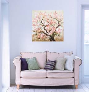 Acrylbild handgemalt Heiteres Hanami Braun - Pink - Massivholz - Textil - Holz teilmassiv - 80 x 80 x 4 cm