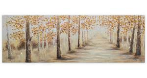 Tableau peint à la main Allée automnale Marron - Gris - Bois massif - Textile - 150 x 50 x 4 cm