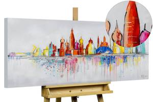 Tableau peint Moscow Skyline Silhouette Gris - Bois massif - Textile - 120 x 60 x 4 cm