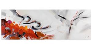 Tableau peint à la main Warm Elegance Gris - Rouge - Bois massif - Textile - 150 x 50 x 4 cm
