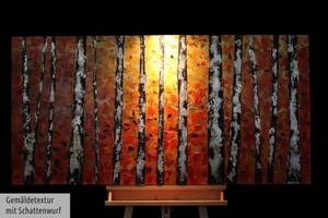 Bild handgemalt Herbstgold im Birkenwald Orange - Silber - Massivholz - Textil - 140 x 70 x 4 cm